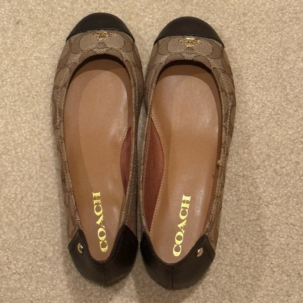 Coach Signature Canvas Brown and Black Cap Toe Ballet Flats
